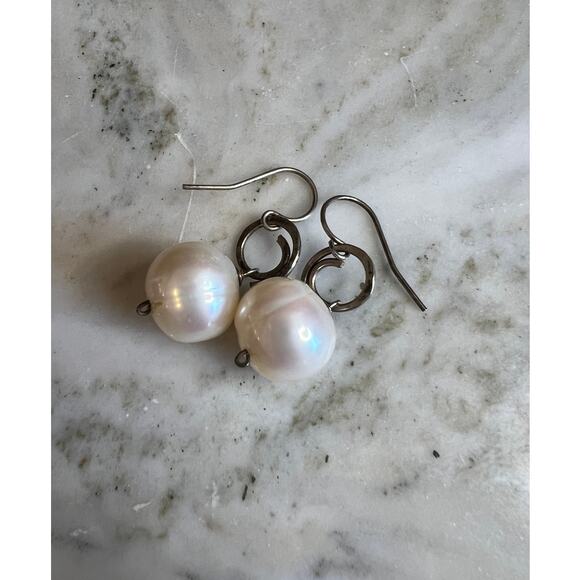 Artisan Made Large Freshwater Pearl & hammered silver drop earrings - Picture 1 of 4